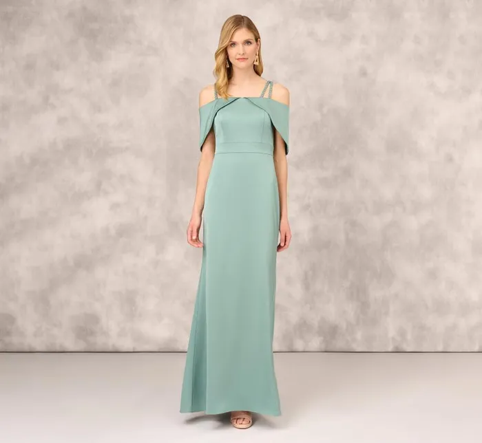 Long Dresses Womens Adrianna Papell Satin Crepe Column Gown With Beaded Double Strap Details In Green Slate
