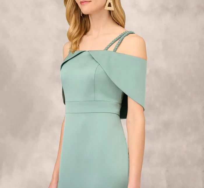 Long Dresses Womens Adrianna Papell Satin Crepe Column Gown With Beaded Double Strap Details In Green Slate