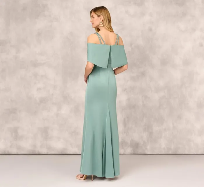 Long Dresses Womens Adrianna Papell Satin Crepe Column Gown With Beaded Double Strap Details In Green Slate