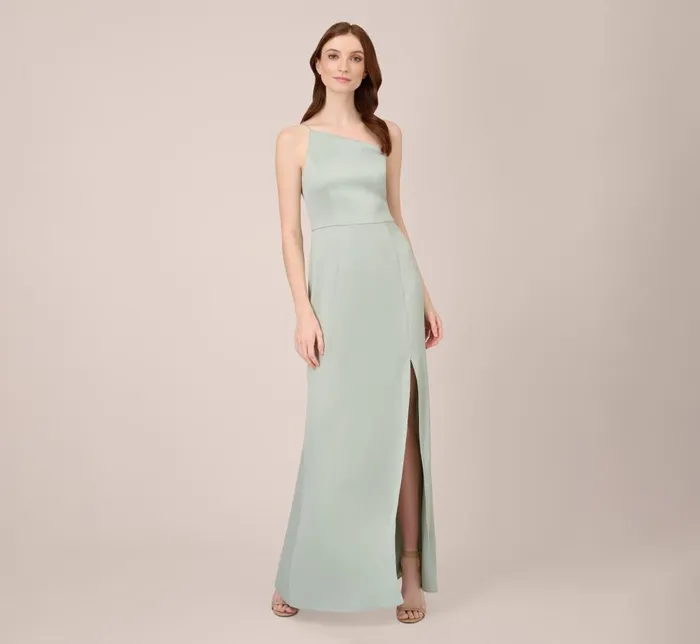 Long Dresses Womens Adrianna Papell Satin Crepe OneShoulder Long Gown In Willow