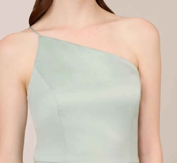 Long Dresses Womens Adrianna Papell Satin Crepe OneShoulder Long Gown In Willow