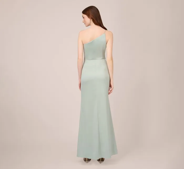 Long Dresses Womens Adrianna Papell Satin Crepe OneShoulder Long Gown In Willow
