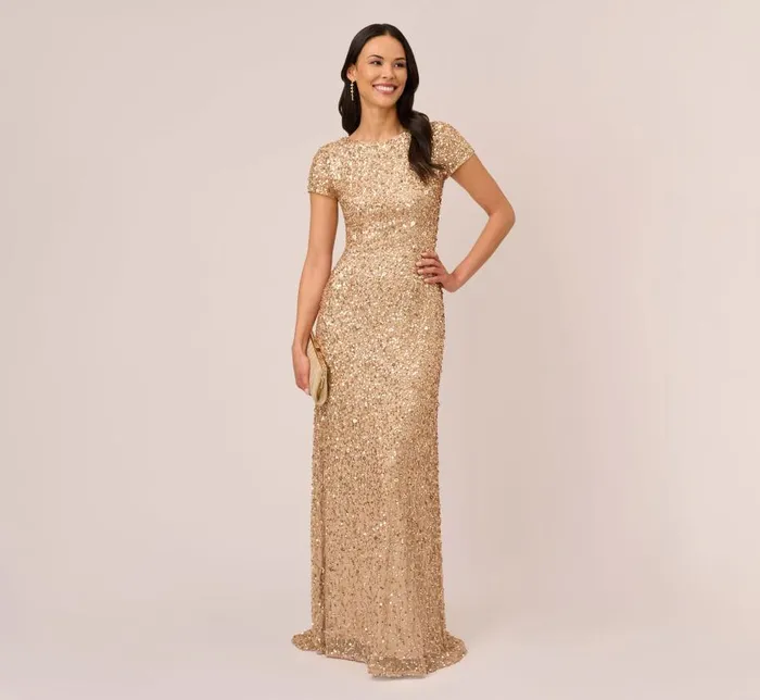 Long Dresses Womens Adrianna Papell Scoop Back Sequin Gown In Champagne Gold