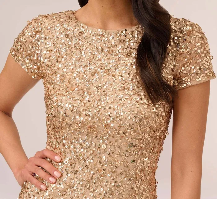 Long Dresses Womens Adrianna Papell Scoop Back Sequin Gown In Champagne Gold