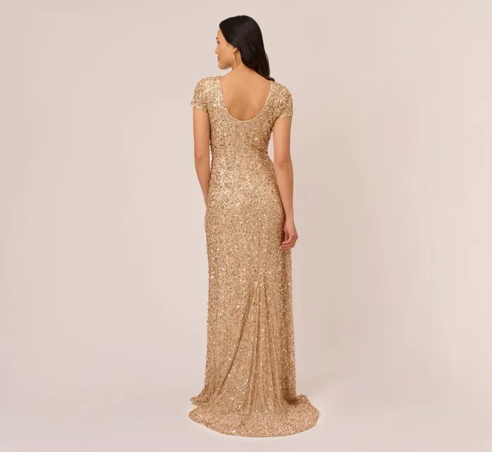 Long Dresses Womens Adrianna Papell Scoop Back Sequin Gown In Champagne Gold