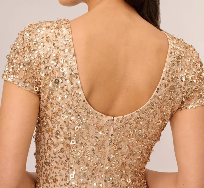 Long Dresses Womens Adrianna Papell Scoop Back Sequin Gown In Champagne Gold