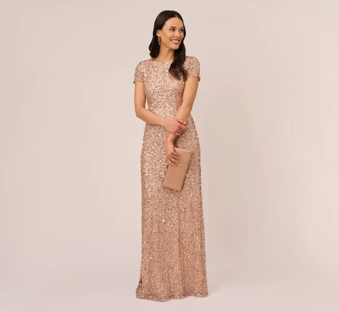 Long Dresses Womens Adrianna Papell Scoop Back Sequin Gown In Rose Gold