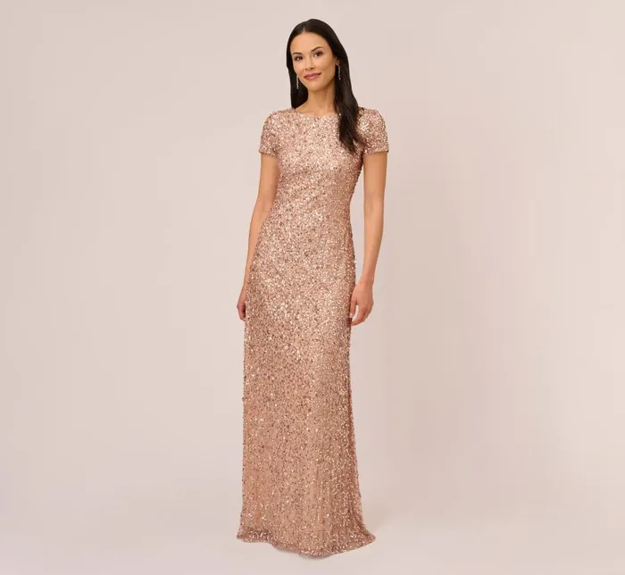 Long Dresses Womens Adrianna Papell Scoop Back Sequin Gown In Rose Gold