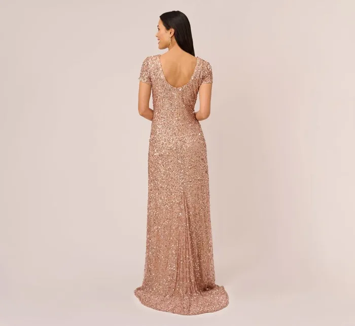 Long Dresses Womens Adrianna Papell Scoop Back Sequin Gown In Rose Gold