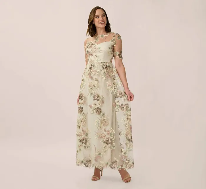 Long Dresses Womens Adrianna Papell Sheer Short Sleeve Lace Gown With Rose Embroidery In Mink Multi