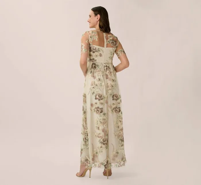 Long Dresses Womens Adrianna Papell Sheer Short Sleeve Lace Gown With Rose Embroidery In Mink Multi