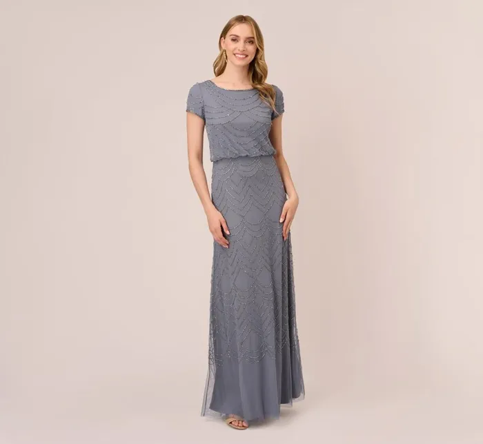 Long Dresses Womens Adrianna Papell Short Sleeve Beaded Blouson Gown In Dusty Blue