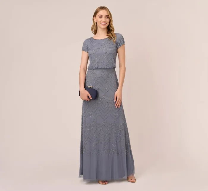 Long Dresses Womens Adrianna Papell Short Sleeve Beaded Blouson Gown In Dusty Blue
