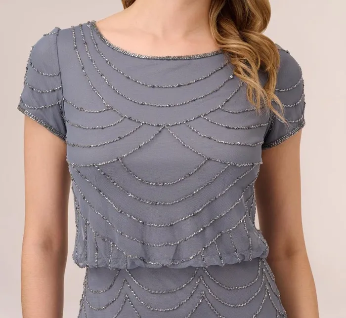 Long Dresses Womens Adrianna Papell Short Sleeve Beaded Blouson Gown In Dusty Blue