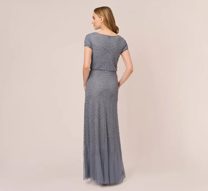 Long Dresses Womens Adrianna Papell Short Sleeve Beaded Blouson Gown In Dusty Blue