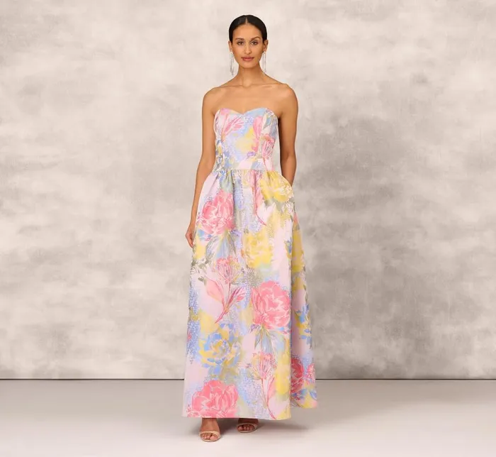 Long Dresses Womens Adrianna Papell Strapless Floral Ball Gown With Drop Waist In Coral Multi Long Dresses Womens Adrianna Papell Strapless Floral Ball Gown With Drop Waist In Coral Multi