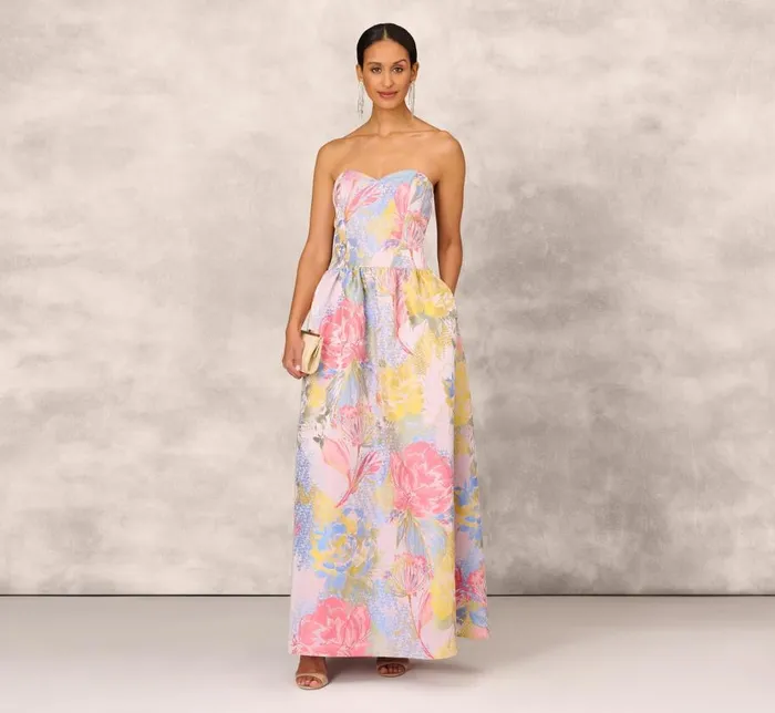 Long Dresses Womens Adrianna Papell Strapless Floral Ball Gown With Drop Waist In Coral Multi
