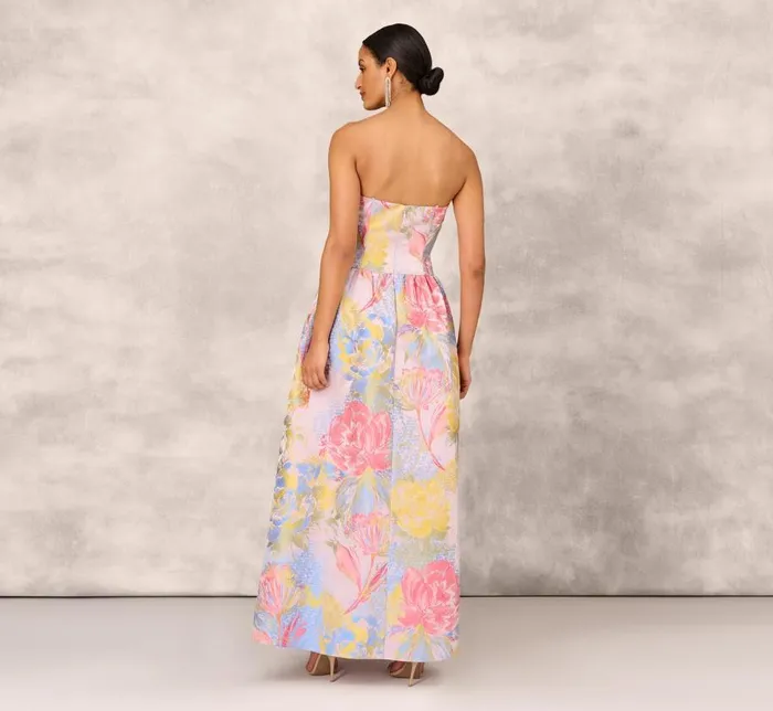 Long Dresses Womens Adrianna Papell Strapless Floral Ball Gown With Drop Waist In Coral Multi