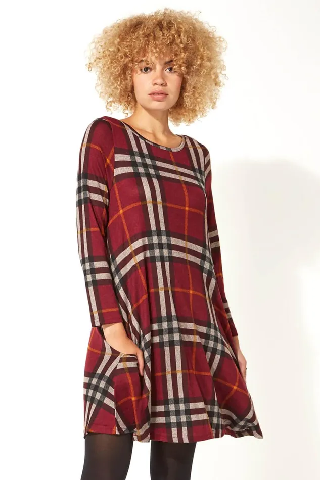 Long Sleeve Check Swing Dress Women Roman Dresses
