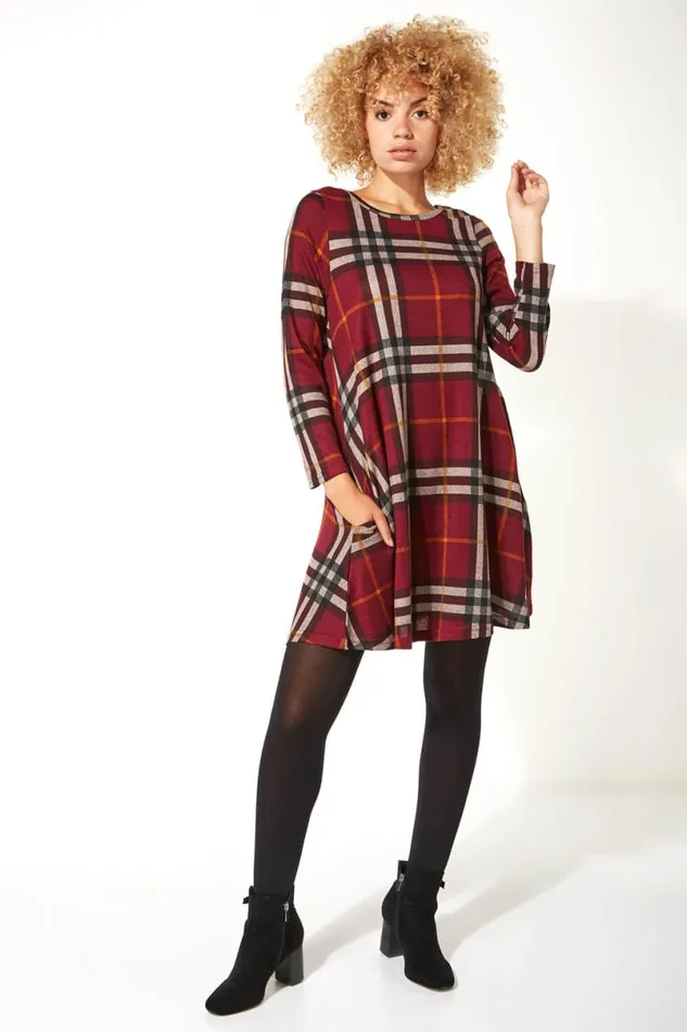 Long Sleeve Check Swing Dress Women Roman Dresses