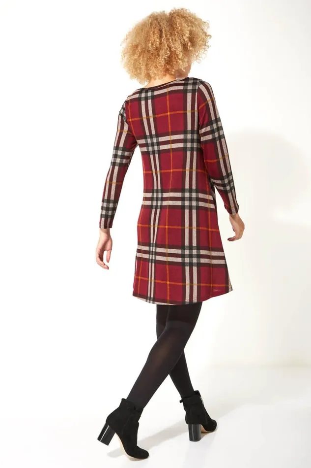 Long Sleeve Check Swing Dress Women Roman Dresses