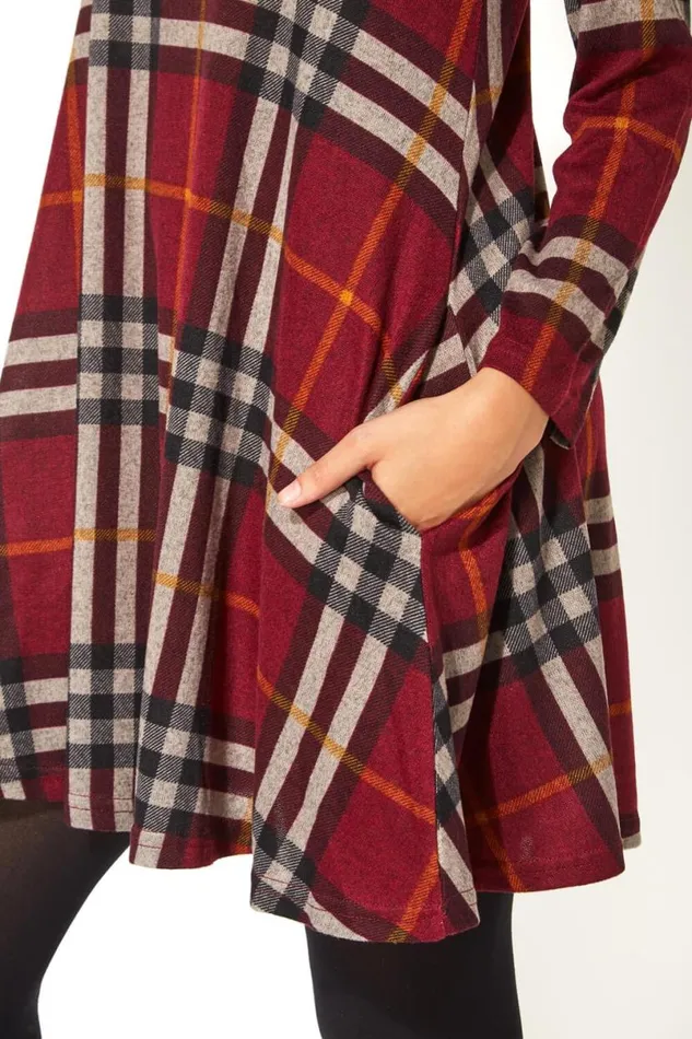 Long Sleeve Check Swing Dress Women Roman Dresses
