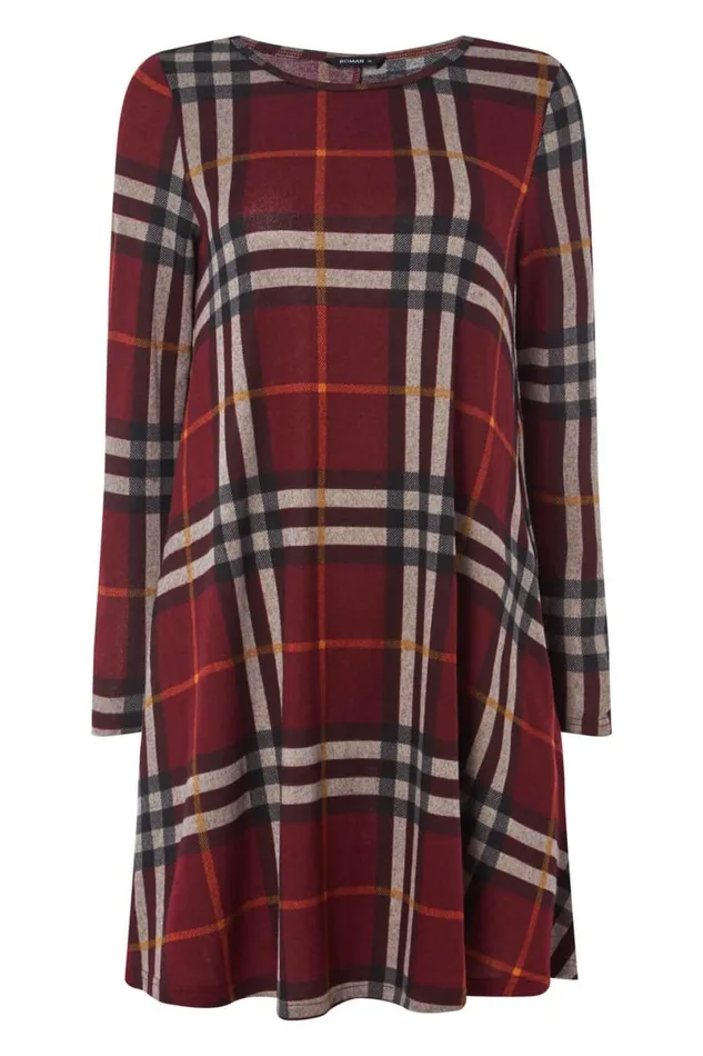 Long Sleeve Check Swing Dress Women Roman Dresses