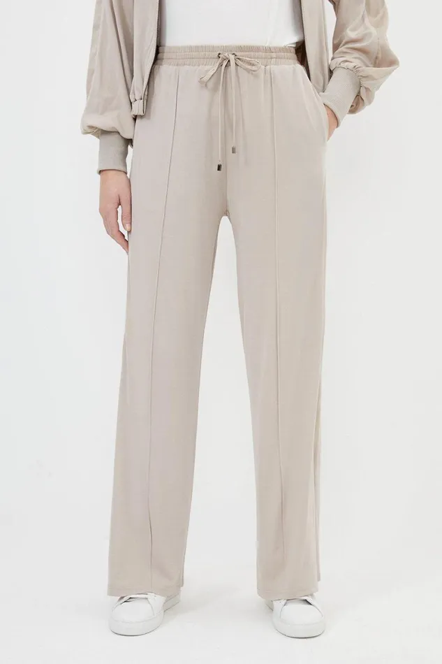Loungewear Women Karen Millen Premium Viscose Jersey And Satin Wide Leg Sweatpants Stone