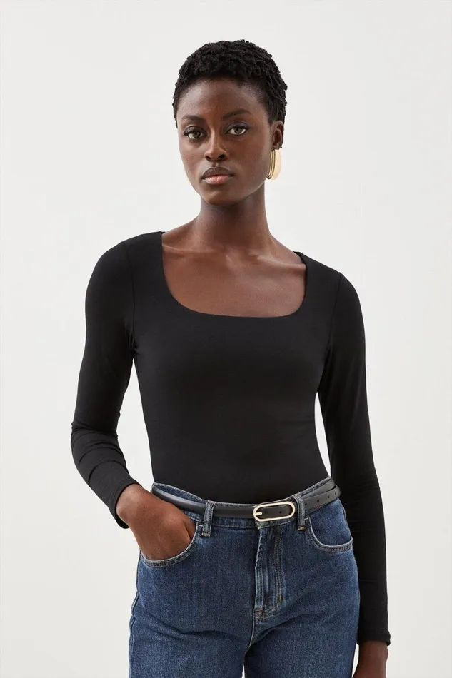 Loungewear Women Karen Millen Stretch Cotton Square Neck Top Black