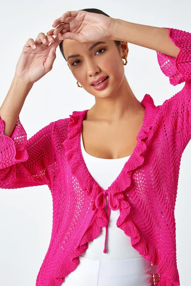 Magenta Pointelle Knit Frill Trim VNeck Cardigan Women Roman Knitwear