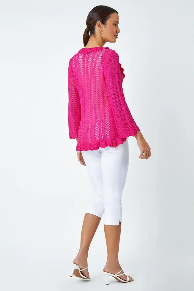 Magenta Pointelle Knit Frill Trim VNeck Cardigan Women Roman Knitwear