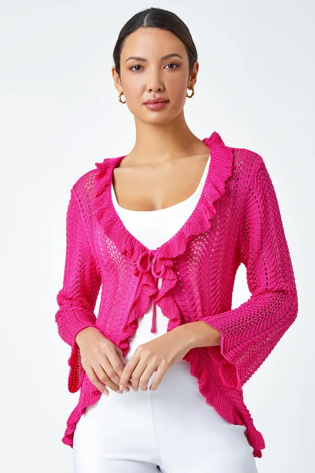 Magenta Pointelle Knit Frill Trim VNeck Cardigan Women Roman Knitwear