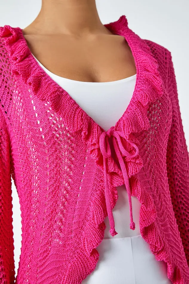 Magenta Pointelle Knit Frill Trim VNeck Cardigan Women Roman Knitwear