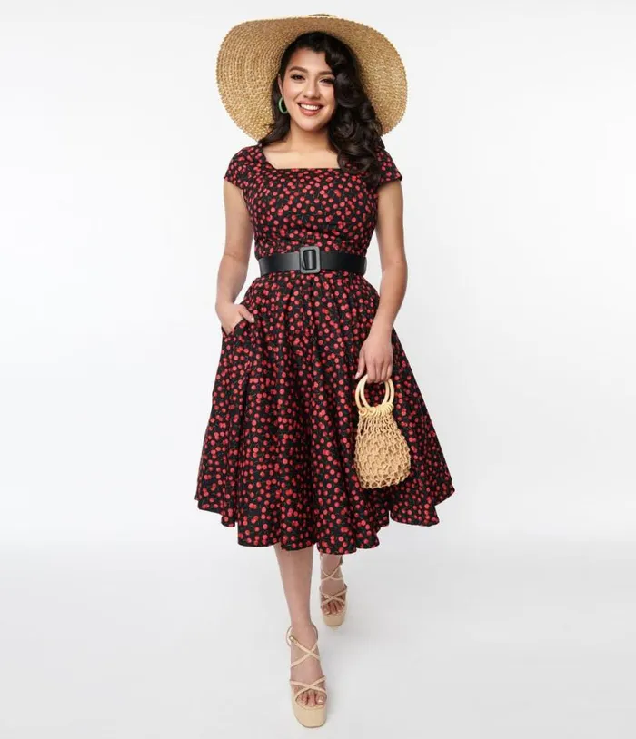 Magnolia Place Black and Cherry Anna Swing Dress DressesPlus Unique Vintage Swing