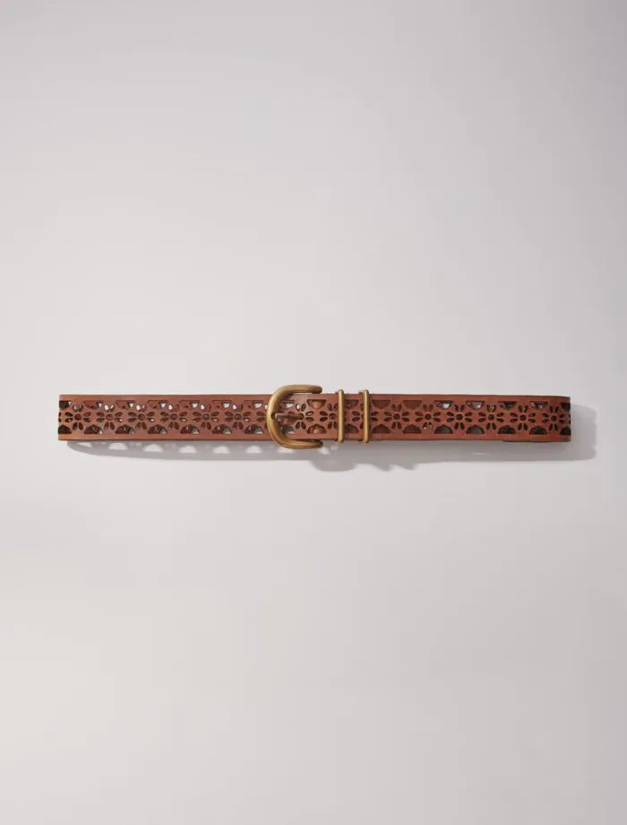 Maje Belts Womens Leather Belt With Flower Detail Camel
