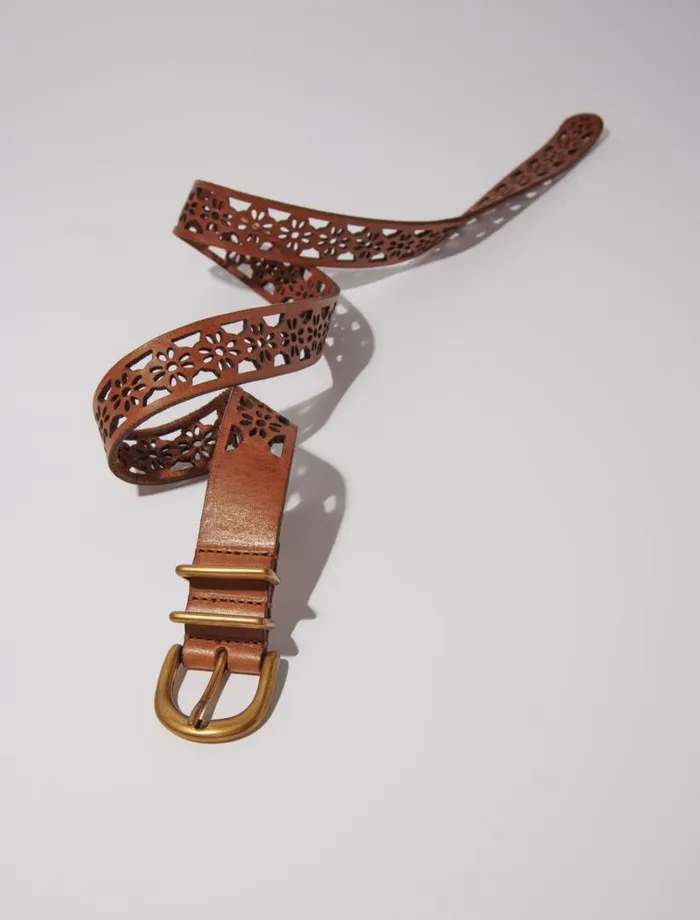 Maje Belts Womens Leather Belt With Flower Detail Camel