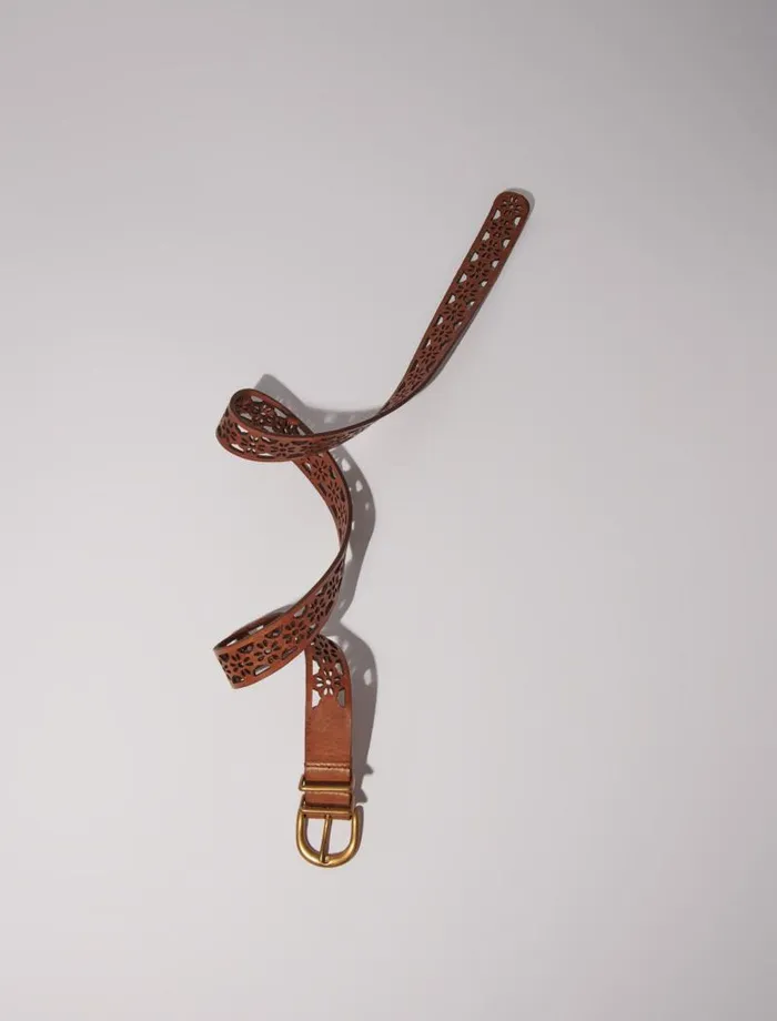 Maje Belts Womens Leather Belt With Flower Detail Camel