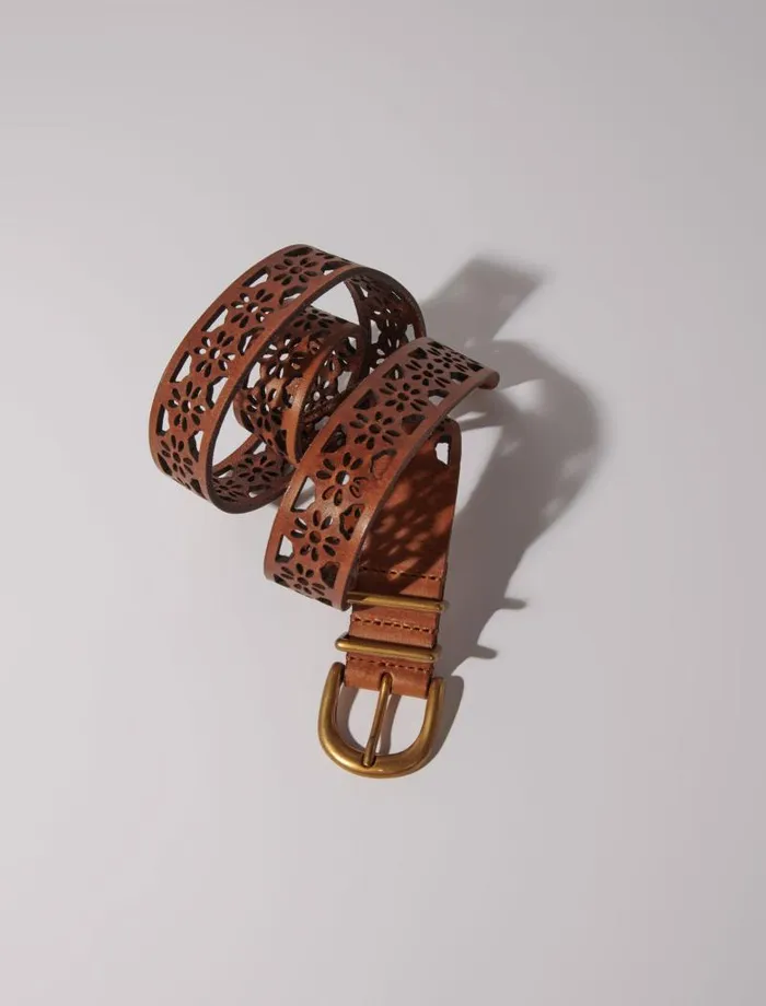 Maje Belts Womens Leather Belt With Flower Detail Camel