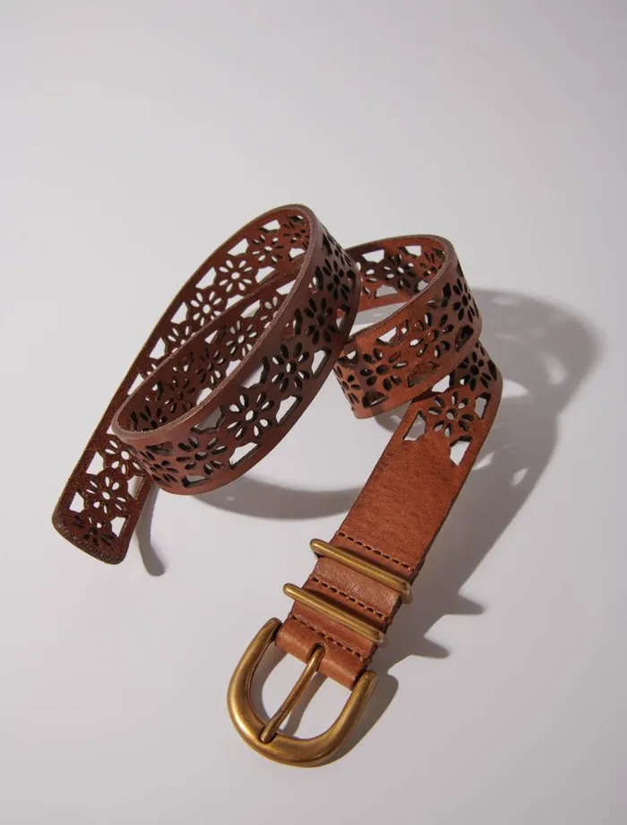 Maje Belts Womens Leather Belt With Flower Detail Camel