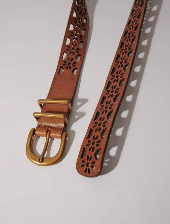 Maje Belts Womens Leather Belt With Flower Detail Camel