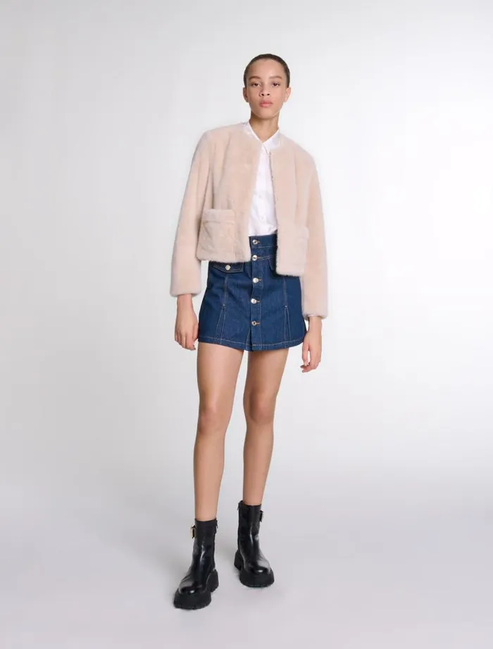 Maje Blazers and Jackets Womens Cropped Faux Fur Jacket Beige