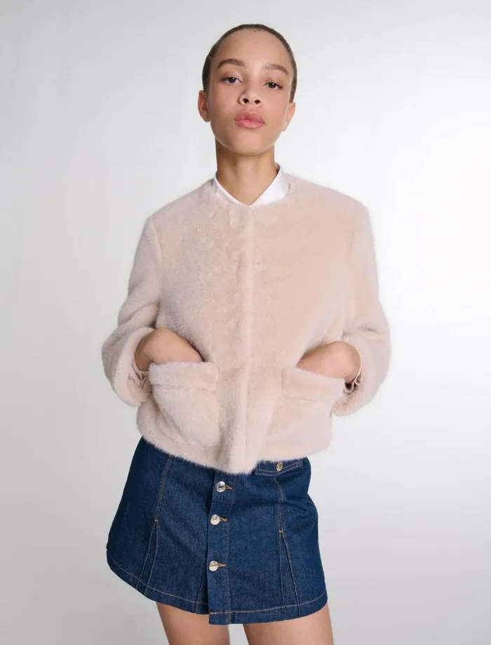 Maje Blazers and Jackets Womens Cropped Faux Fur Jacket Beige