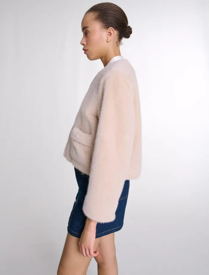 Maje Blazers and Jackets Womens Cropped Faux Fur Jacket Beige