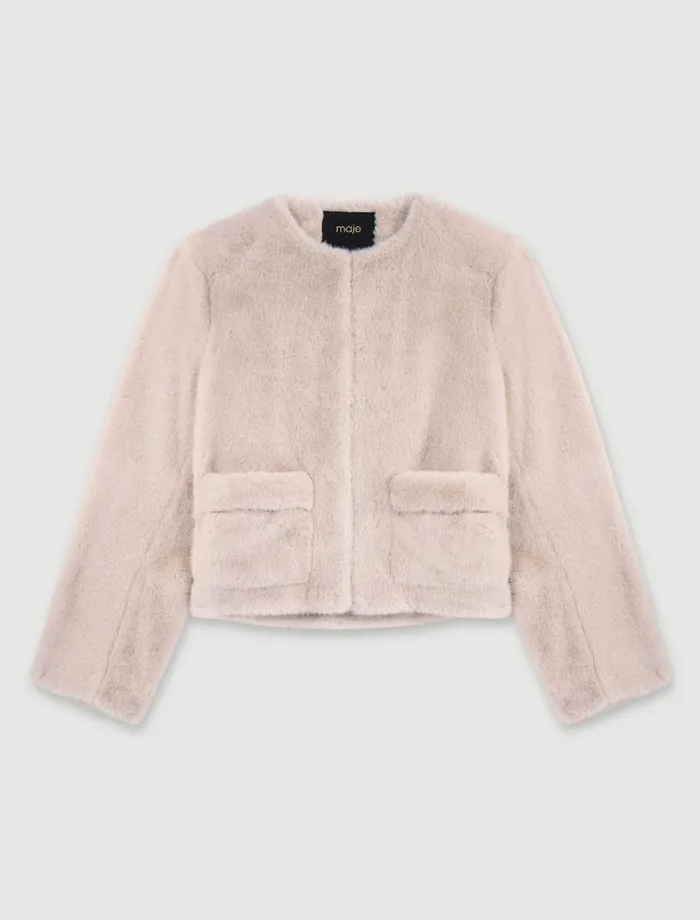 Maje Blazers and Jackets Womens Cropped Faux Fur Jacket Beige