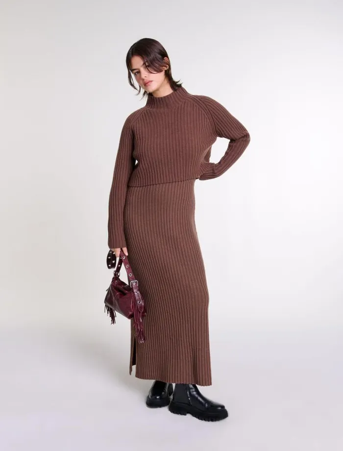 Maje Dresses Womens 2in1 Wool Maxi Dress Brown