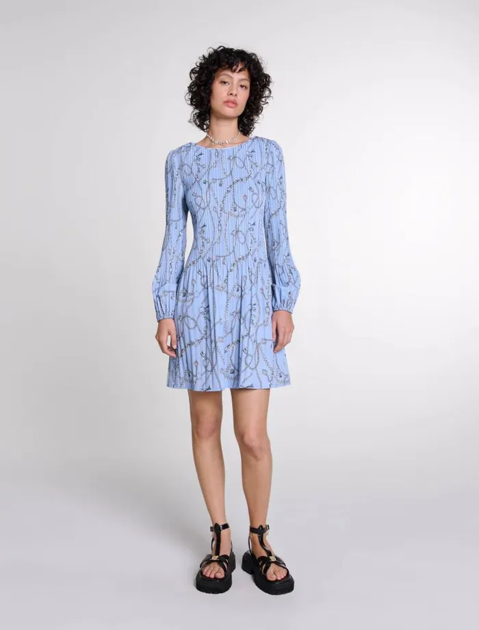 Maje Dresses Womens Patterned Pleated Dress Blue Chains Print