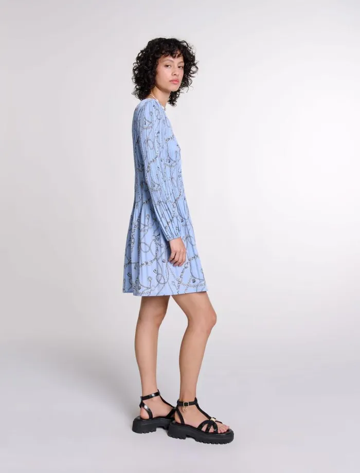 Maje Dresses Womens Patterned Pleated Dress Blue Chains Print