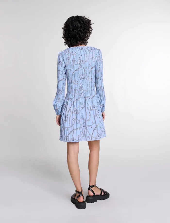 Maje Dresses Womens Patterned Pleated Dress Blue Chains Print