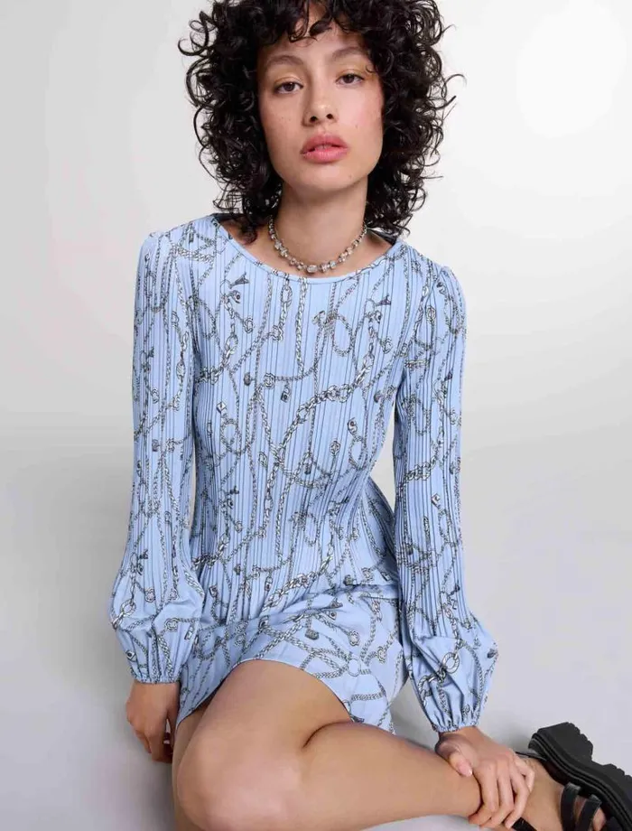 Maje Dresses Womens Patterned Pleated Dress Blue Chains Print