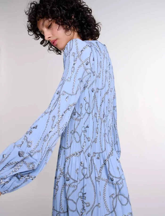 Maje Dresses Womens Patterned Pleated Dress Blue Chains Print